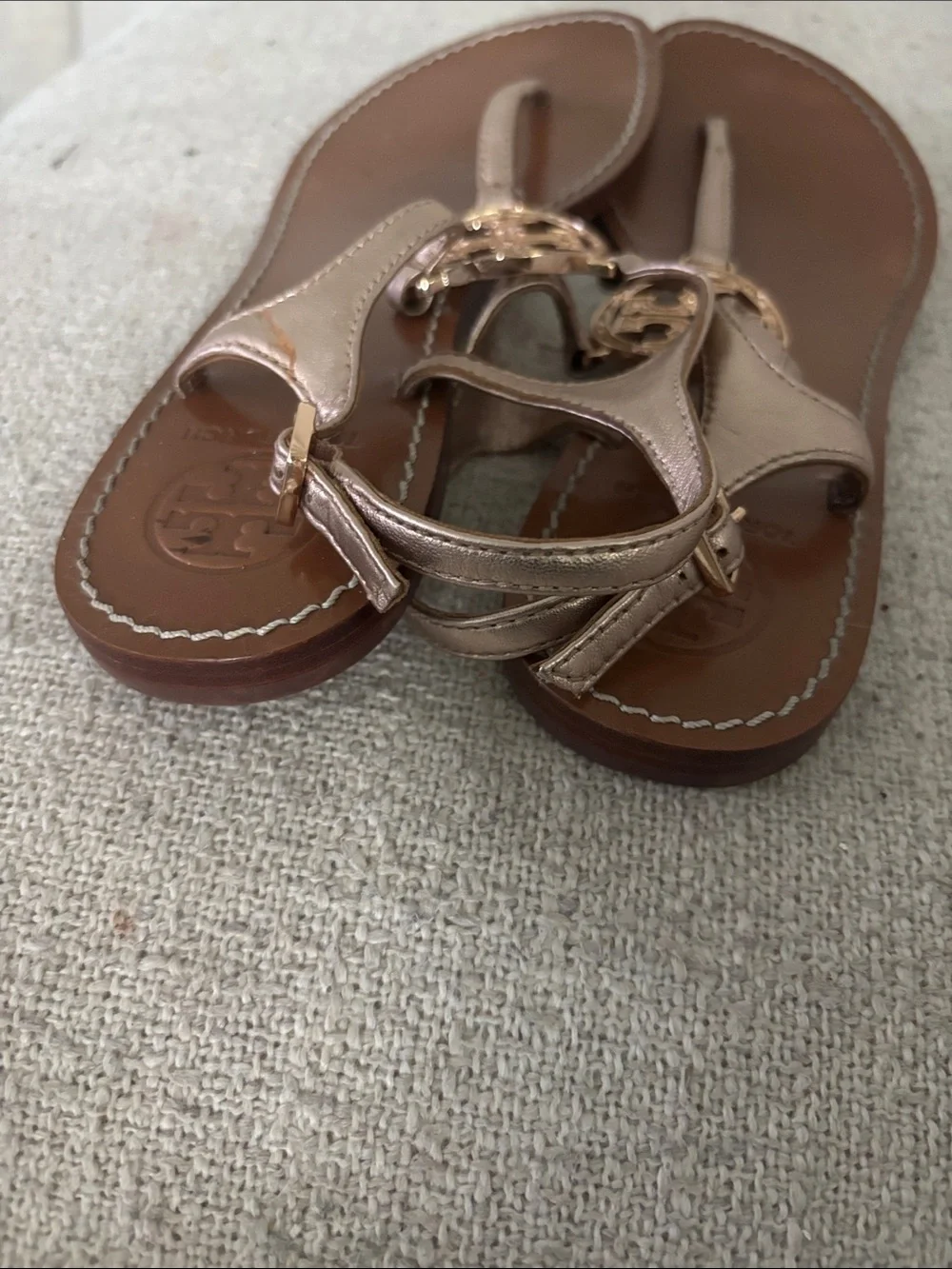 Tory Burch Metallic Rose Gold T-Strap Logo Sandals